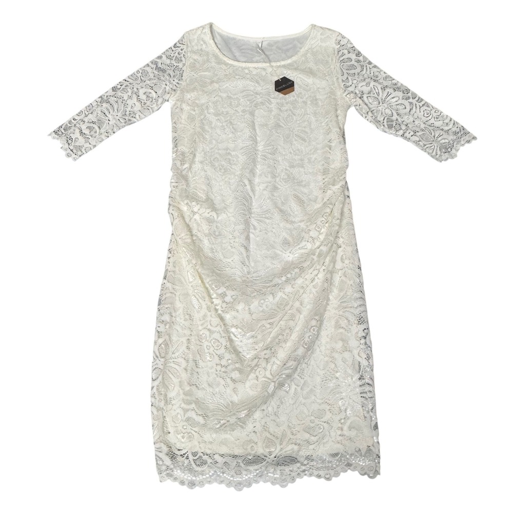 PinkBlush Lace Maternity Dress Medium‎ Ruched 3/4 Sleeve Floral Boho Midi White